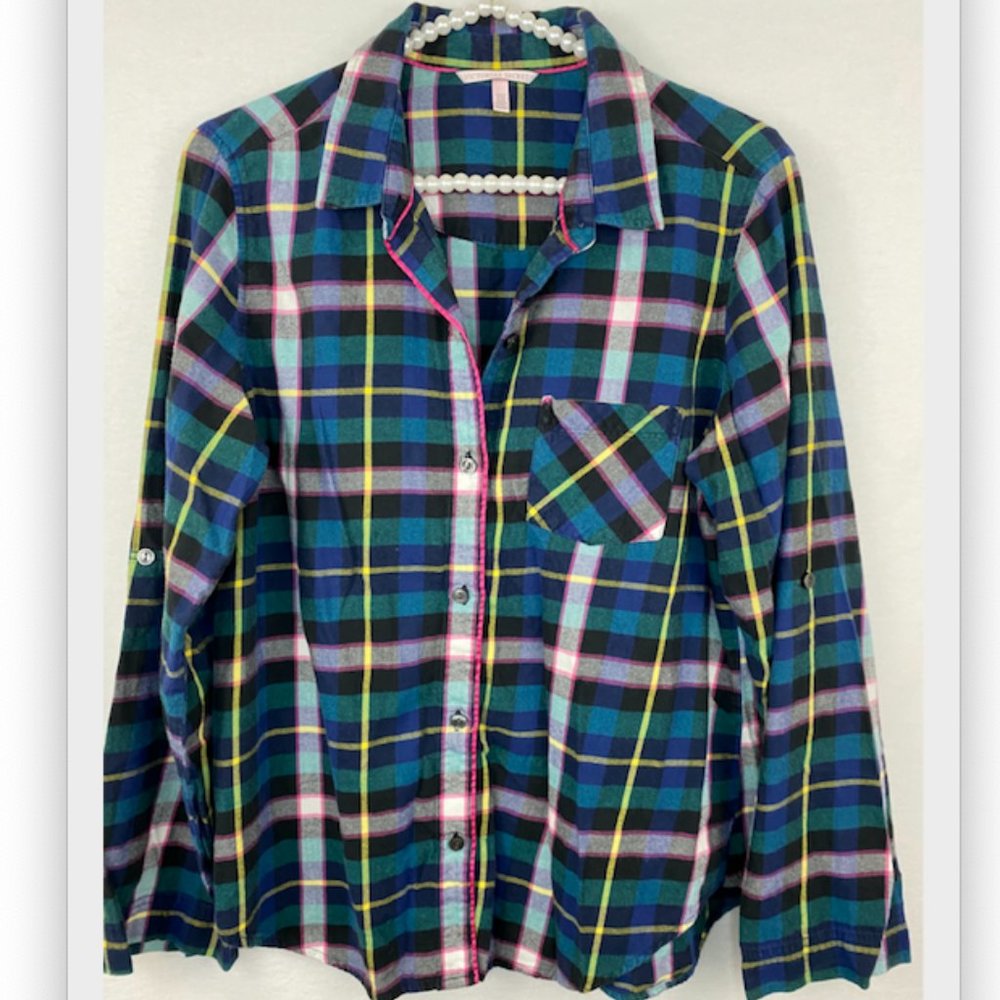 Victoria Secret Plaid Button Down Sz M Green